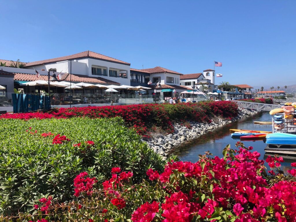 Ventura harbor village view of flowers and buildings situated along the water