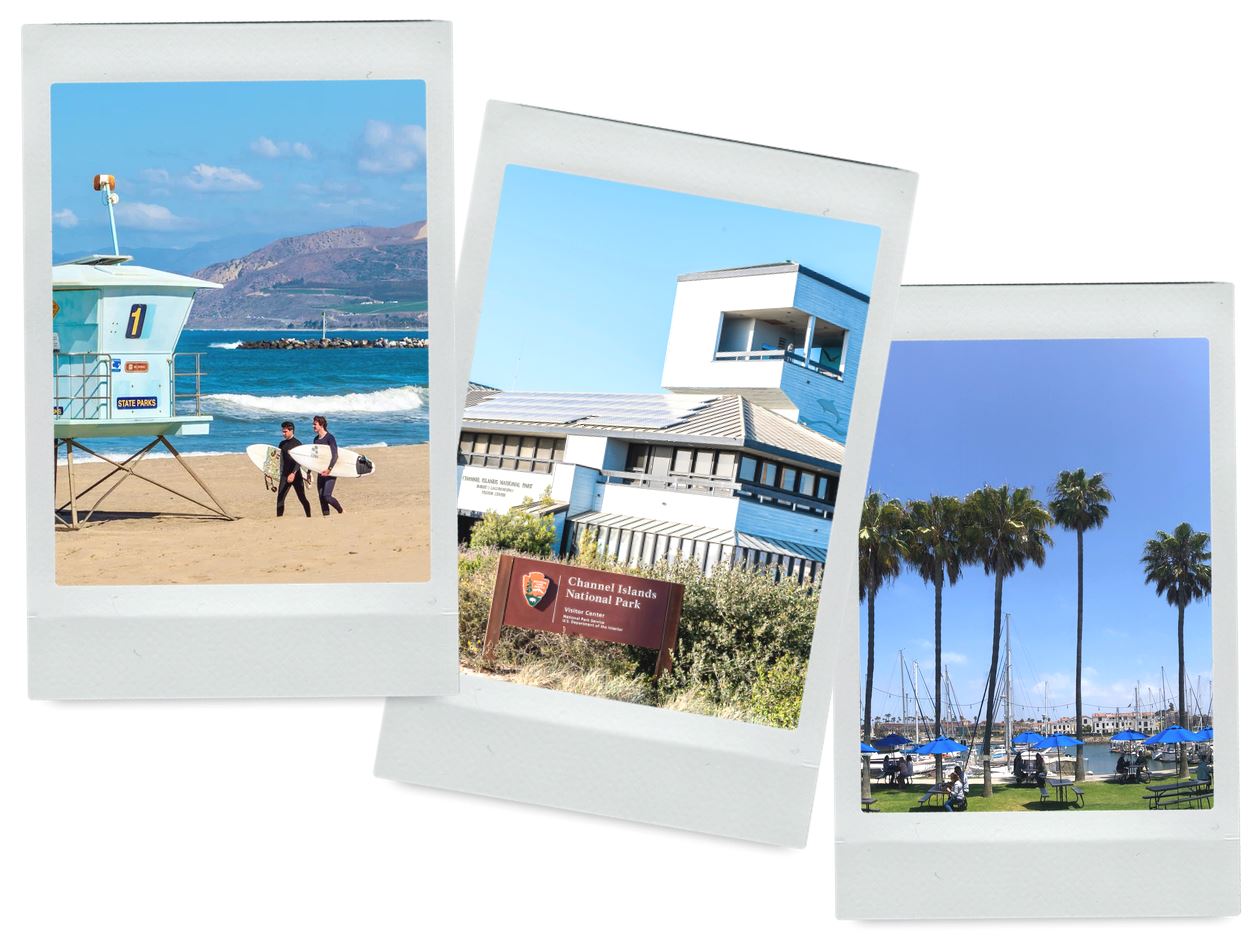 Collage: Ventura harbor beaches, views of Channel Islands National Park, Ventura West Marina
