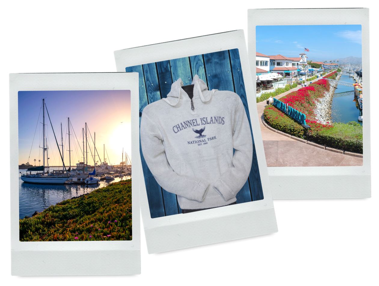 Collage: Ventura Yacht Club, keepsakes at Island Packers Gift Shop, a view of harbor village
