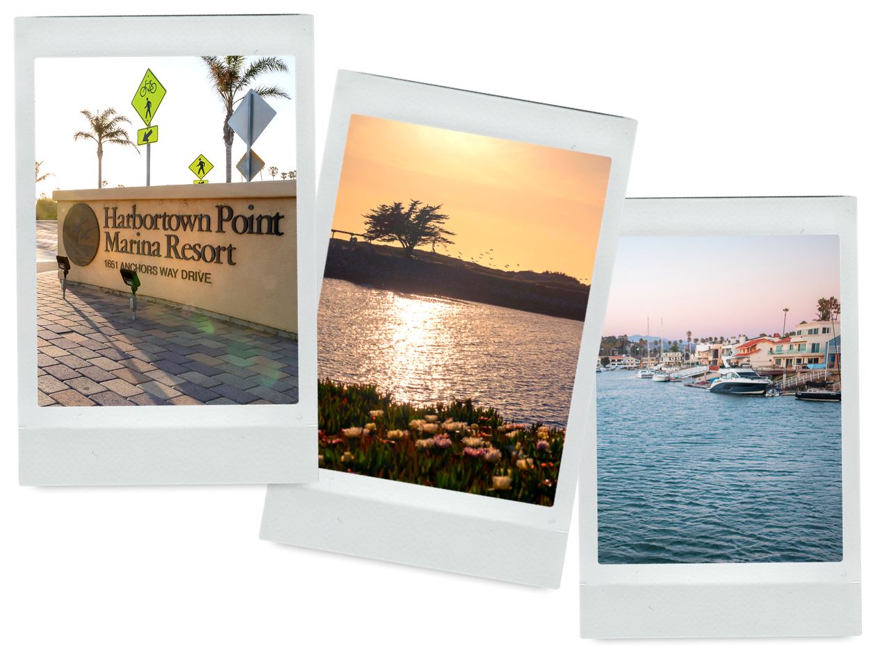 Collage: Derecktor's boatyard & storage, Harbortown Point Marina, Marina Park & Ventura Harbor entrance