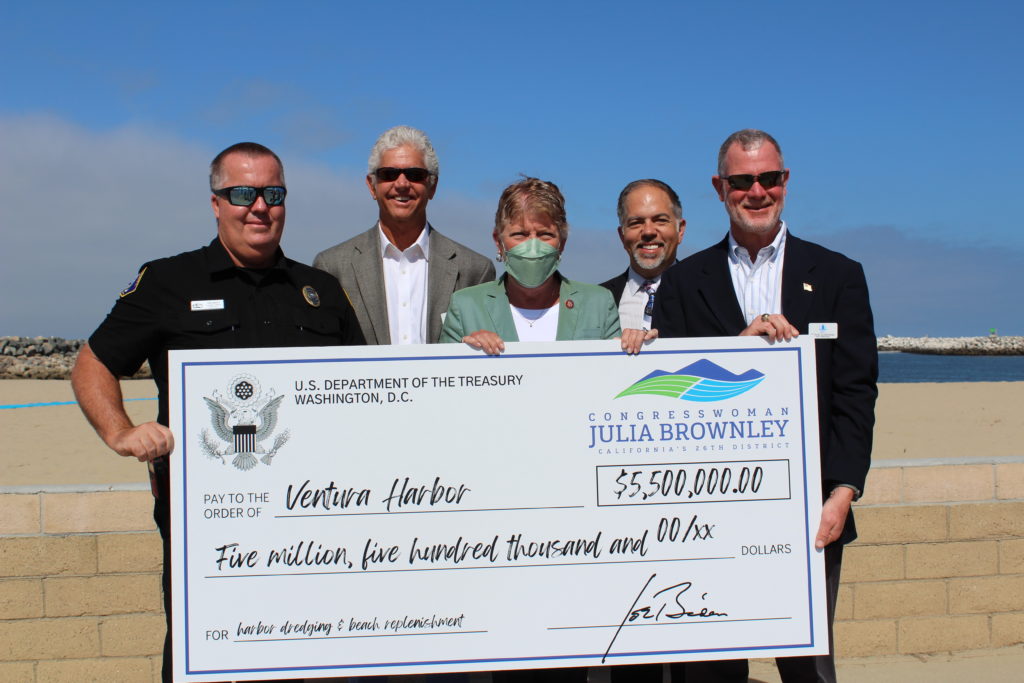 Left to right: Harbormaster John Higgins, Board Chairman Chris Stephens, California Congresswoman Julie Brownley, Sr. Business Operations Manager Todd Mitchell and Board Vice-Chairman Mike Blumenberg with check
