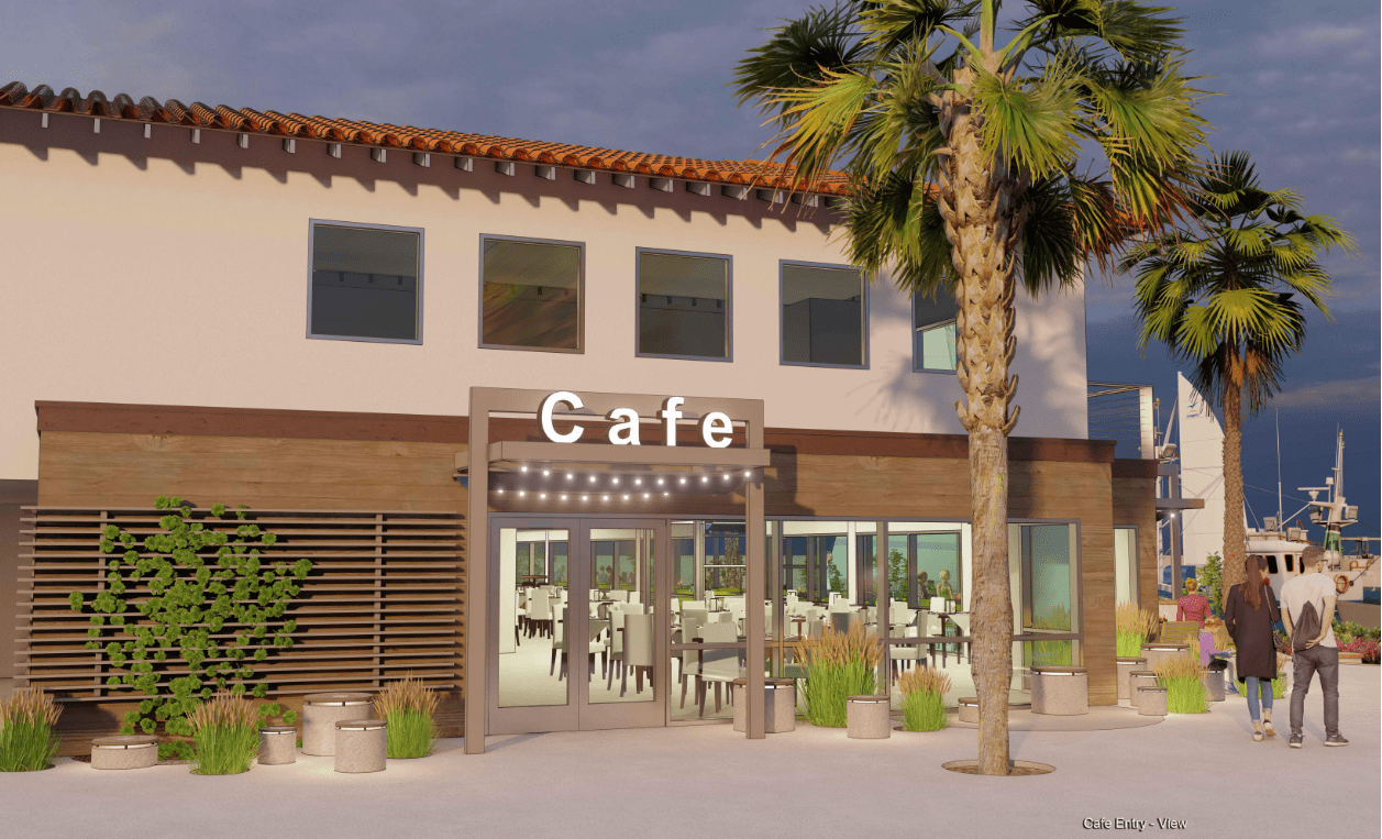 A modern cafe exterior with large windows and a sign reading "Cafe." Two palm trees and several plants are in front. Two people walk by.