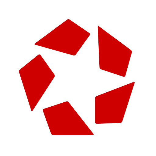 A red, abstract, geometric logo with five separate shapes arranged in a circular pattern on a white background.