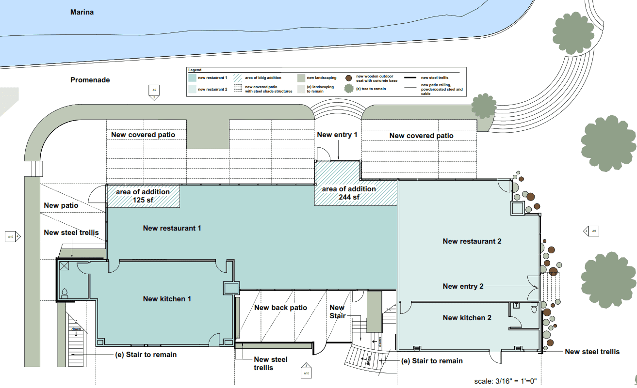 Architectural plan showing a new restaurant, kitchens, patios, entryways, steel trellis, and staircases with adjacent marina and promenade.