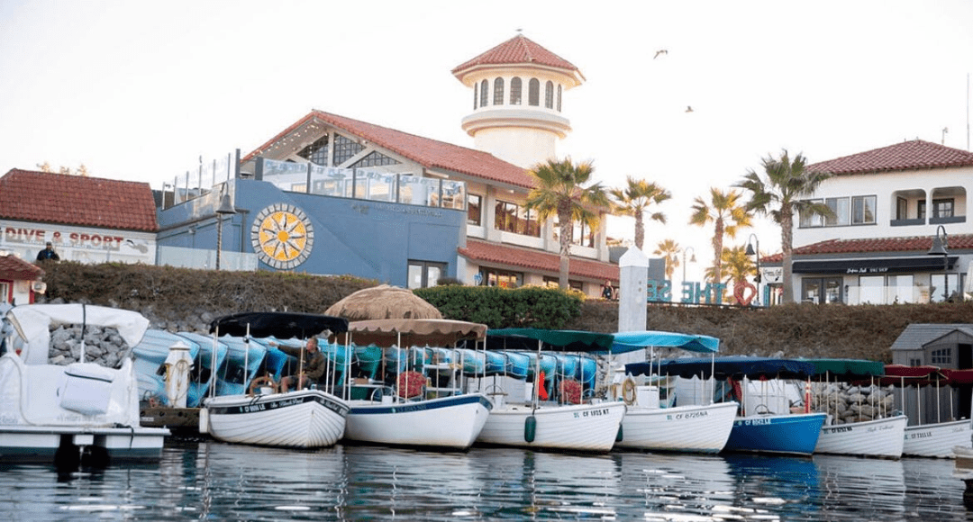 Boats docked in a marina with buildings featuring red-tiled roofs in the background.