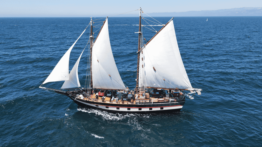A large sailboat with white sails navigates through open blue ocean water under a clear sky. Several people are visible on its deck.